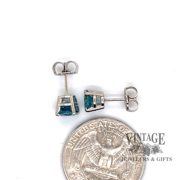 14 karat white gold 6 carat total weight round blue Zircon stud earrings, shown with quarter for size reference