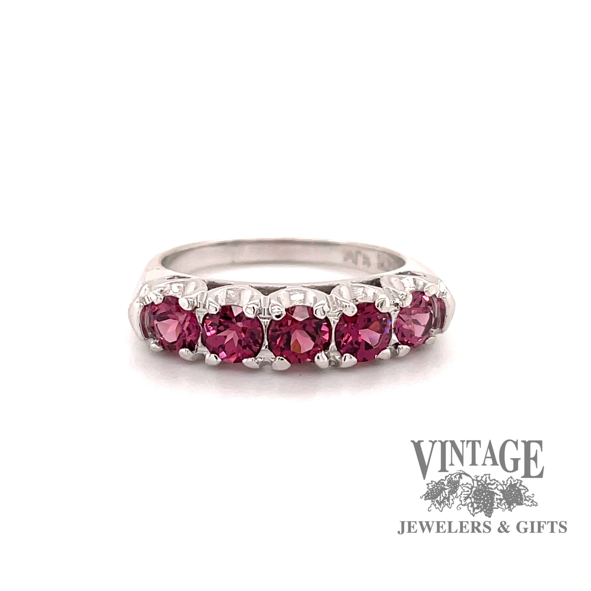 Rhodolite garnet 5 stone band white gold — Vintage Jewelers & Gifts, LLC.