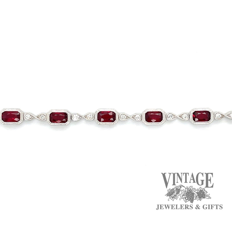 14 karat white gold ruby and diamond link bracelet, unclasped