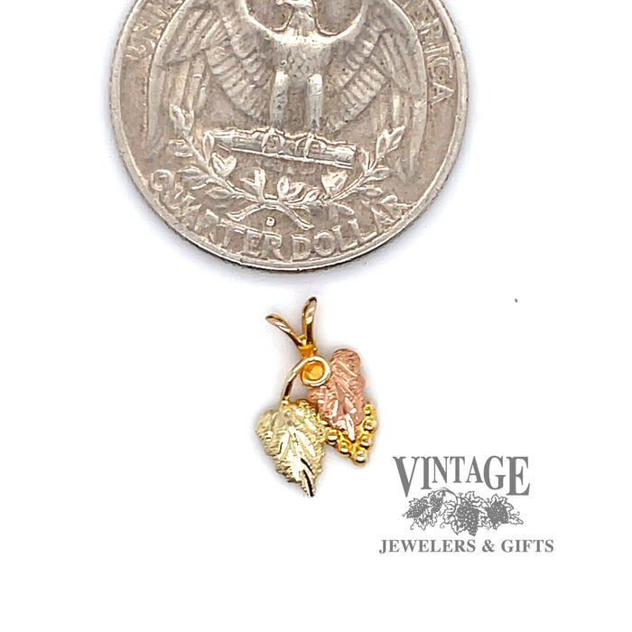 Black Hills Gold Grape pendant in 10 and 12 karat multi gold quarter for scale
