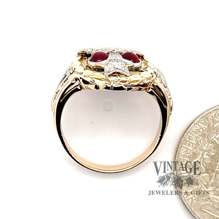 14 karat two-tone gold Ruby and diamond Eastern Star ring, side view through finger shown next to quarter for size reference