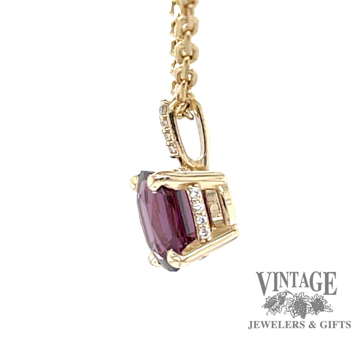 14 karat yellow gold Pink spinel and diamond pendant, side view