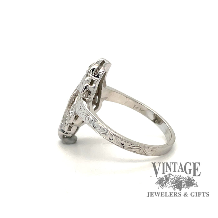 Vintage 14 karat white gold diamond ring, side view