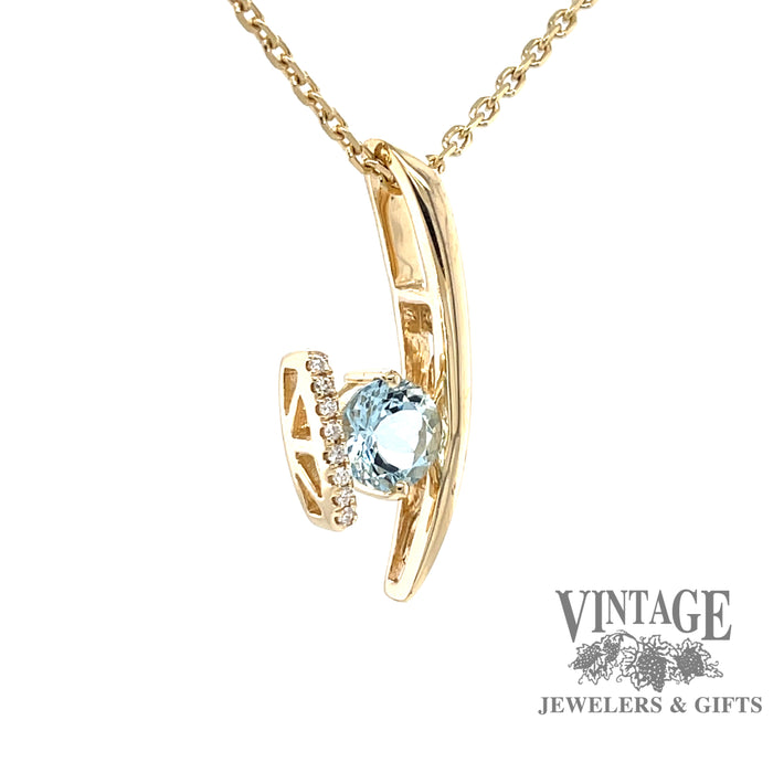 14k yellow gold Aquamarine and diamond contemporary pendant, angled side/front view