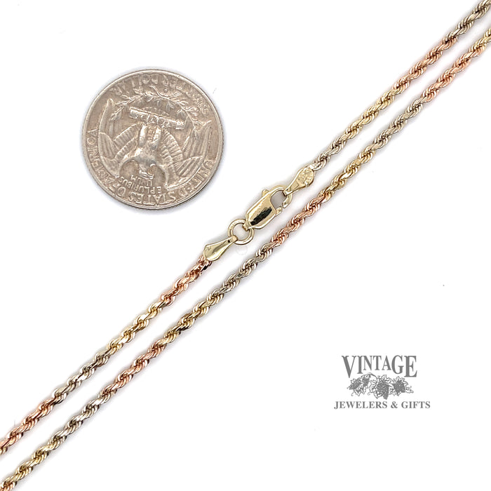 22" multi-color 2 mm rope chain in 14 karat gold
