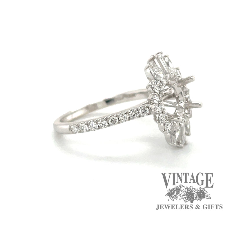 14 karat white gold Diamond halo ring mounting for 1 ct center, side view