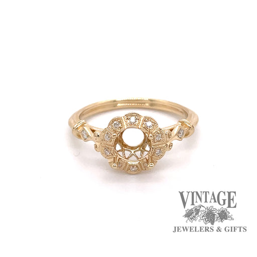14 karat yellow gold diamond art deco design halo ring semi-mounting