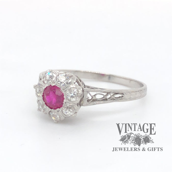 Vintage Platinum, Ruby and Diamond Filigree Ring, angled front/side view.