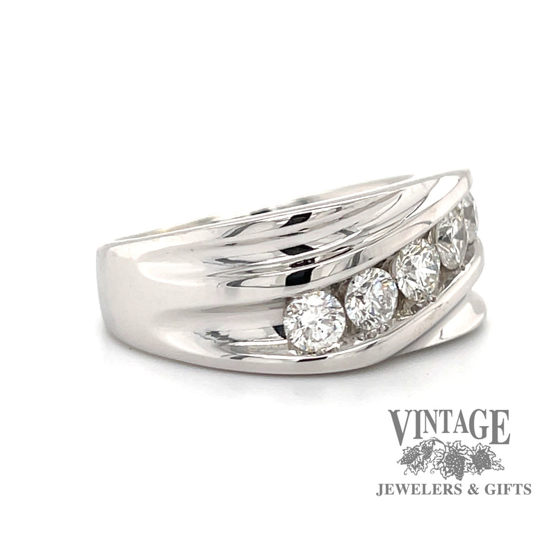 14 karat white gold diagonal 5 stone diamond ring, angled view