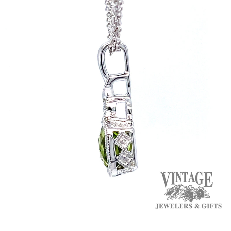 14 karat white gold checkerboard cushion cut natural peridot pendant, side view