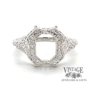 14 karat white gold Edwardian inspired filigree 9x7 mm solitaire ring mounting