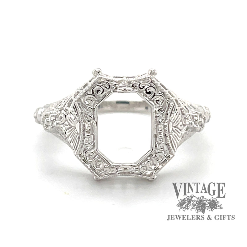 14 karat white gold Edwardian inspired filigree 9x7 mm solitaire ring mounting