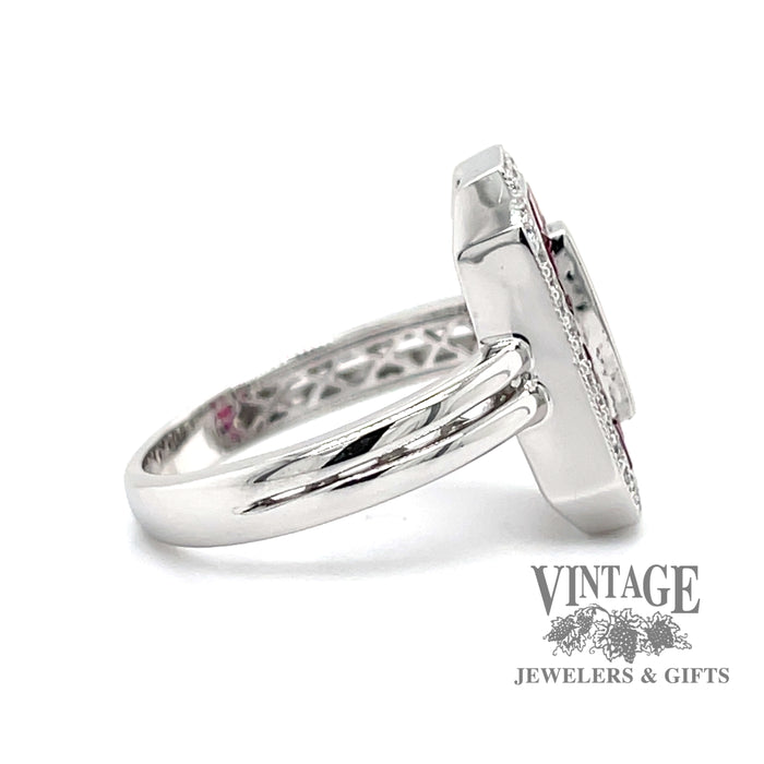 Vintage inspired 14 karat white gold natural ruby and diamond octagonal shape ring, side view
