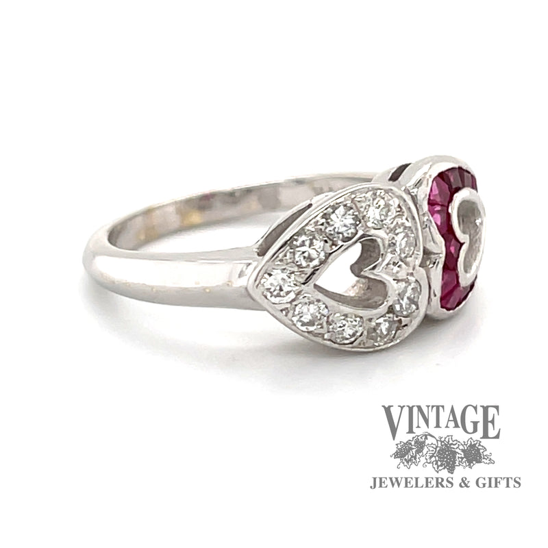 14 karat white gold mirrored hearts ruby and diamond ring, alternate angled view