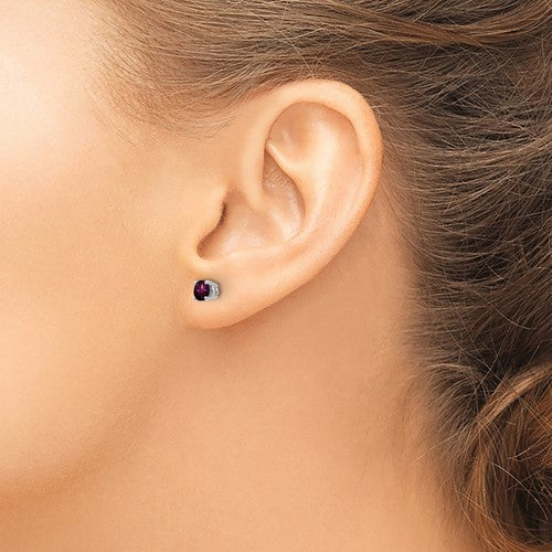 4 mm Rhodalite Garnet 14kw stud earrings on model