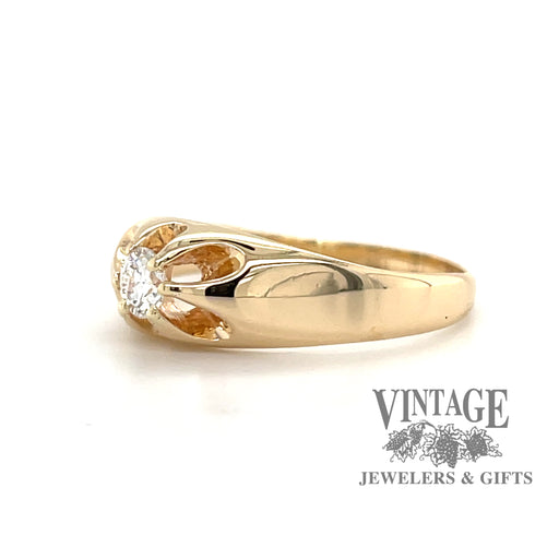 14 karat yellow gold .16 carat Old European Cut diamond vintage belcher ring, side view