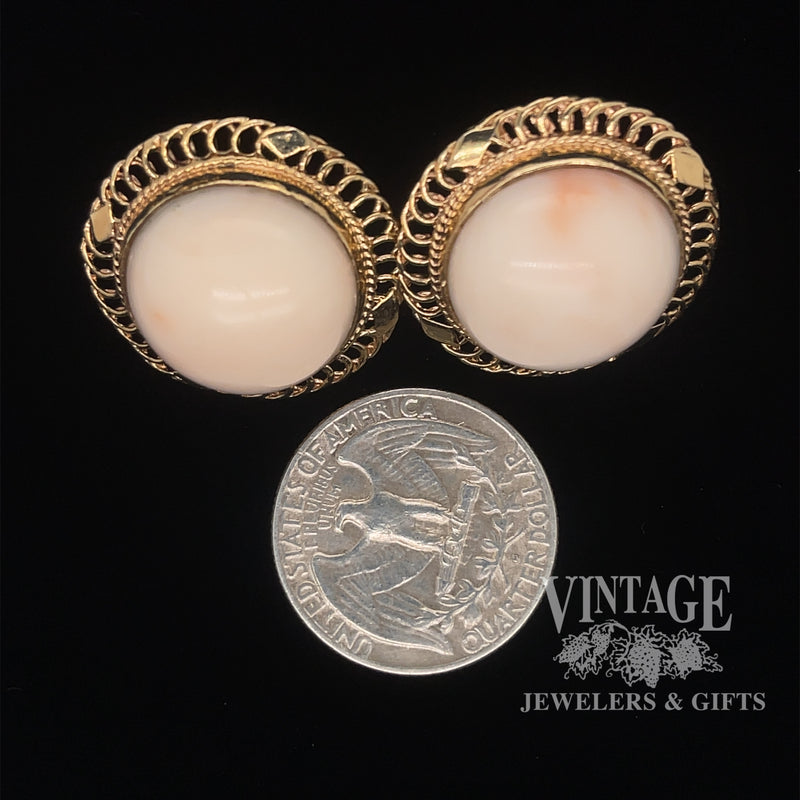 Coral button 14ky gold earrings