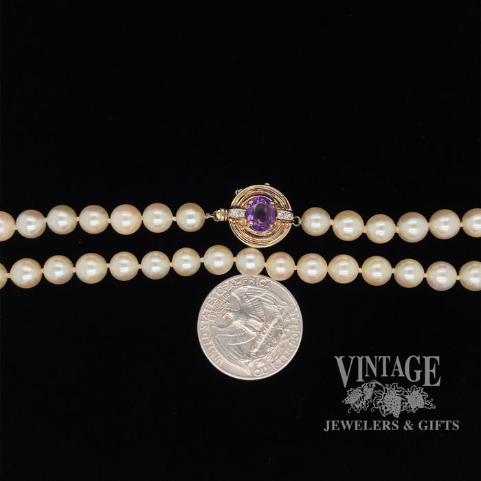 18” Cultured Akoya pearl necklace with 14ky gold amethyst clasp