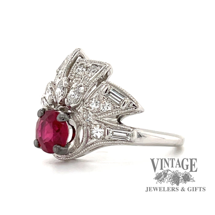 Platinum vintage Art Deco Natural ruby and diamond ring, angled view