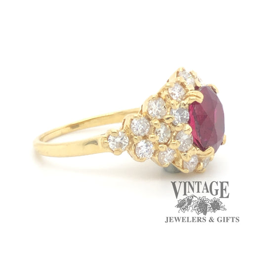 18k gold natural 1.60 ct ruby and diamond ring, side view.