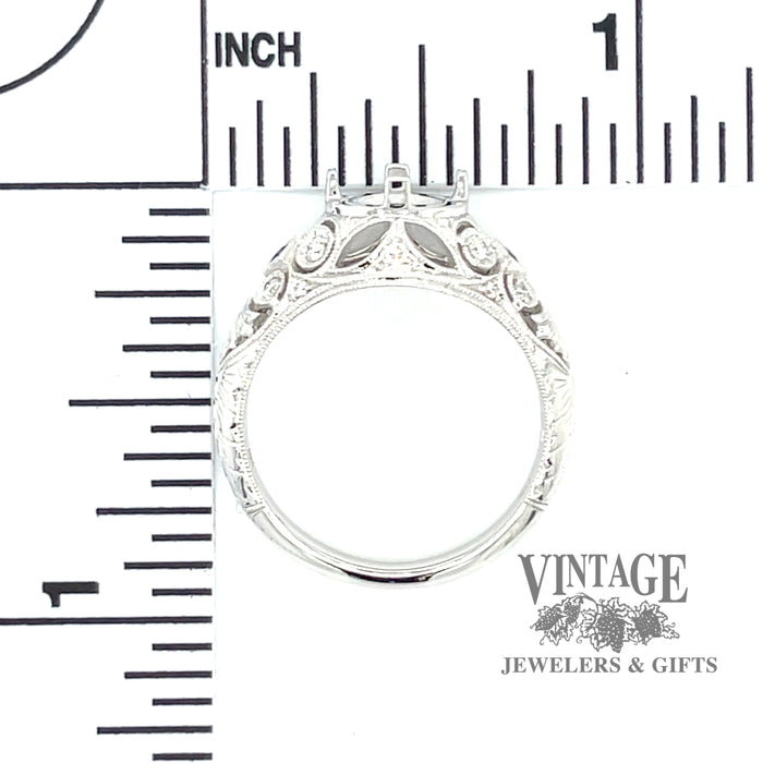 14 karat white gold diamond and sapphire vintage inspired ring mounting, with measurements