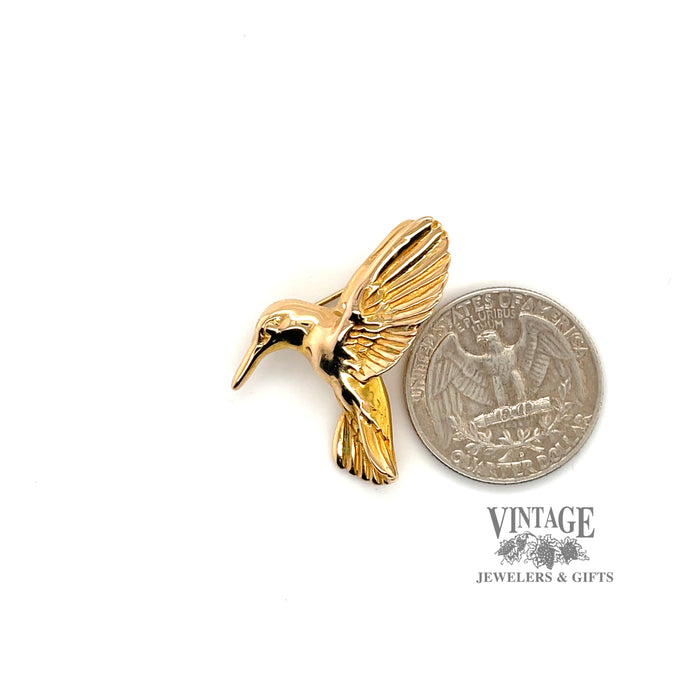 Hummingbird pin in 14ky gold quarter for scale