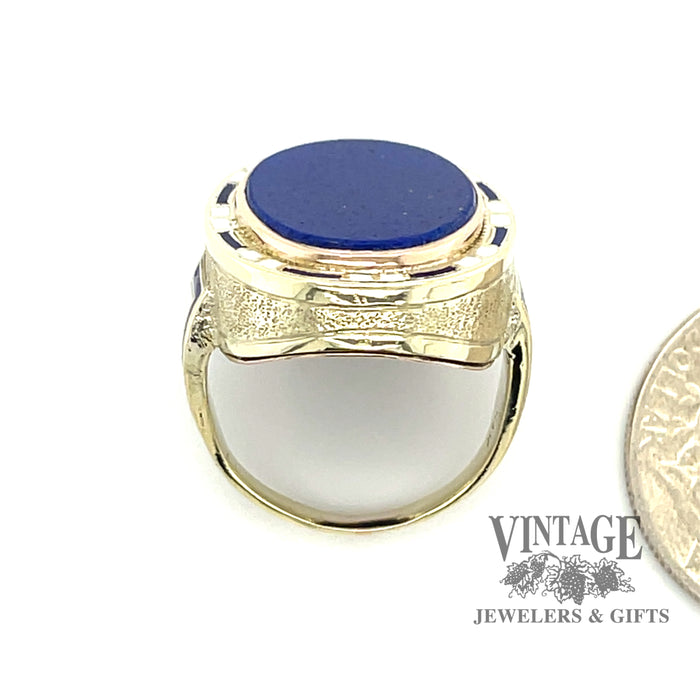 14 karat yellow gold vintage Lapis and Cloisonné glass fused enamel ring, end view with quarter for size reference