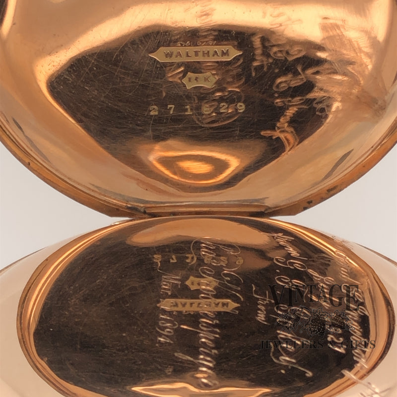 American Waltham pocket watch with solid 14k gold case, inside dust cover