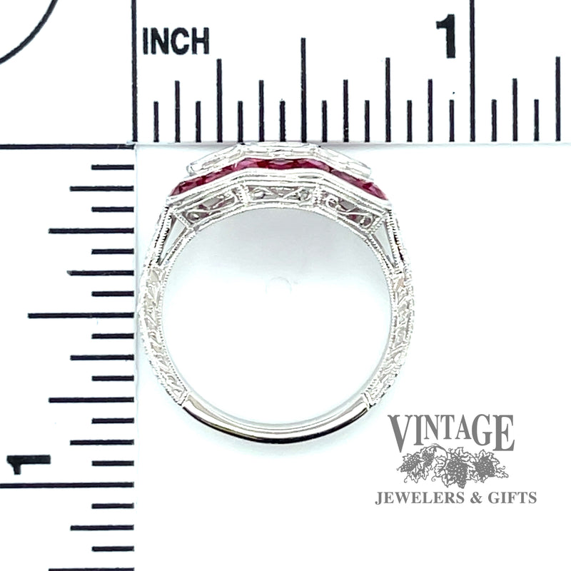 Ruby and diamond vintage inspired three stone 14kw gold ring