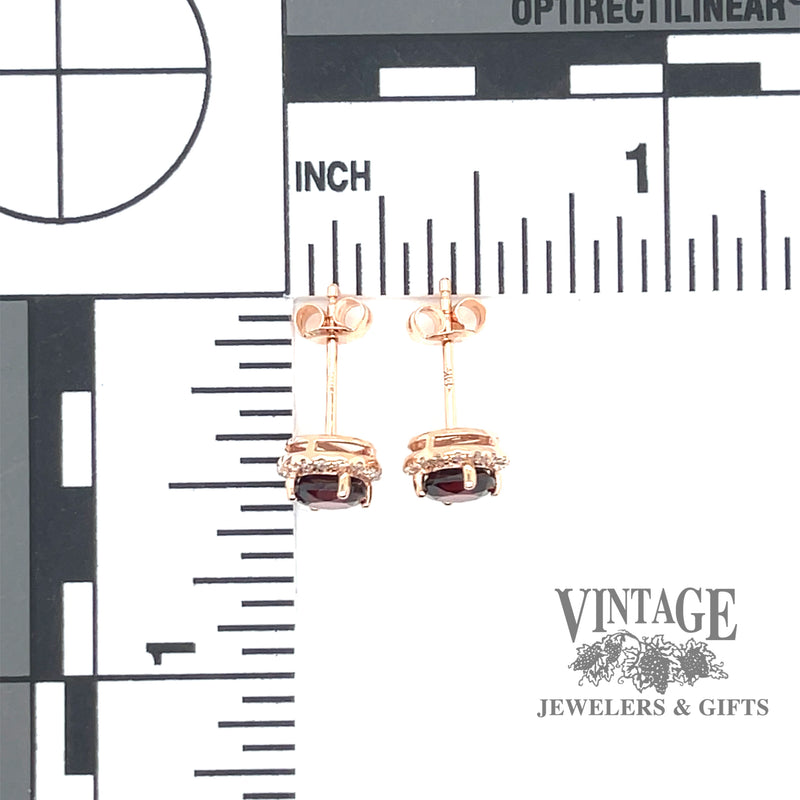 Garnet and diamond 14kr gold halo stud earrings scale