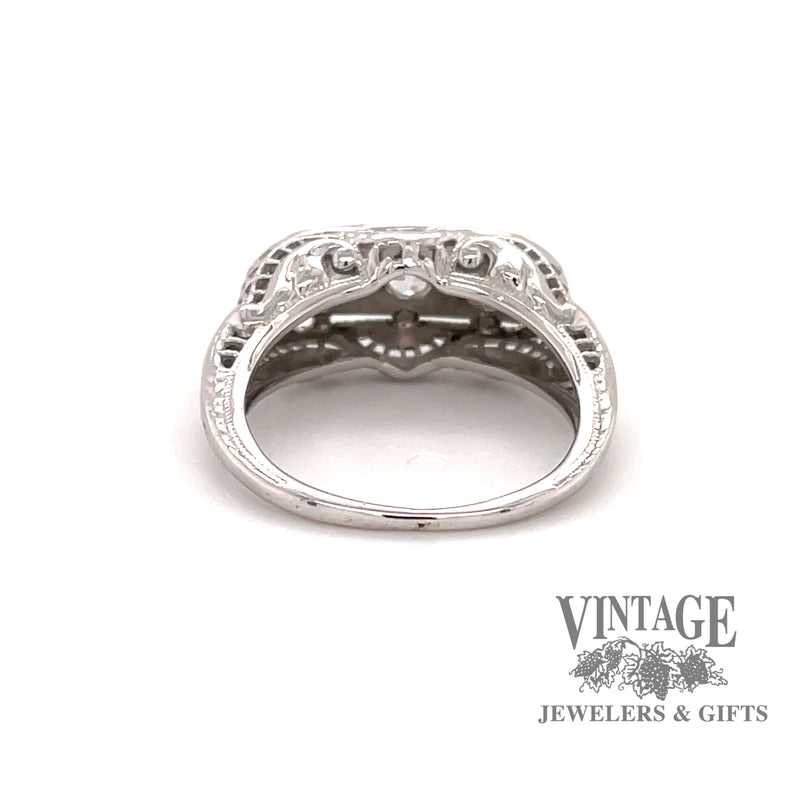 Vintage filigree .45 carat total weight 3 diamond 18k white gold band, rear view