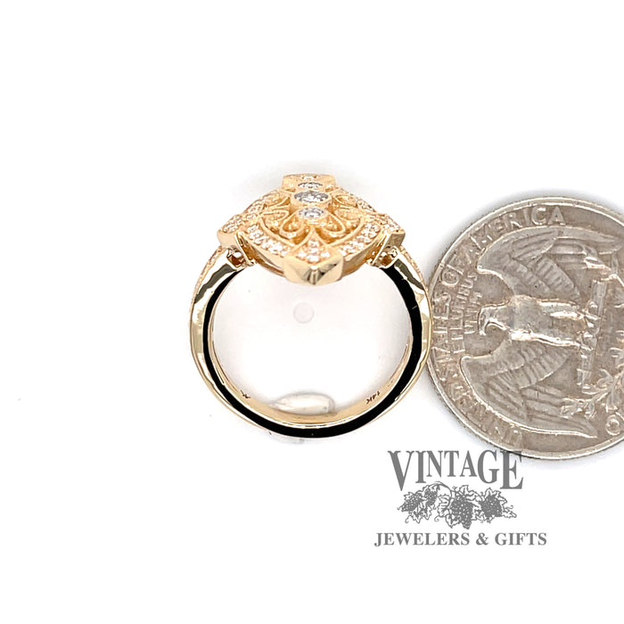 Marquise shaped filigree diamond 14ky gold ring quarter for scale