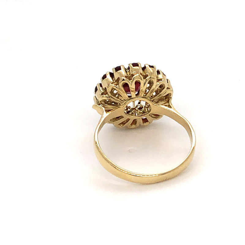 18 karat yellow gold filigree garnet cluster ring