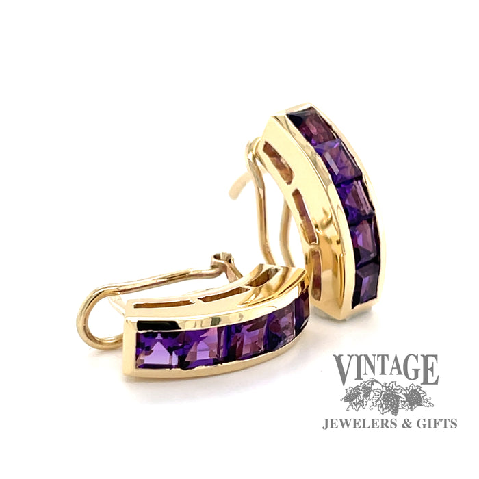 14 karat yellow gold square cut Amethyst channel set earrings, angled view