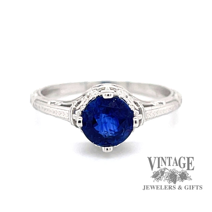 14 karat white gold 1.15ct natural blue sapphire filigree solitaire ring