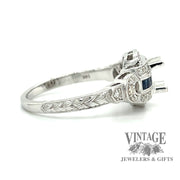 Diamond and sapphire hand engraved 14kw gold semi mount ring side