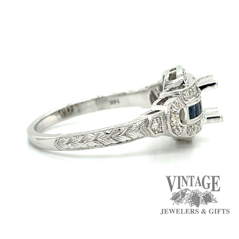 Diamond and sapphire hand engraved 14kw gold semi mount ring side