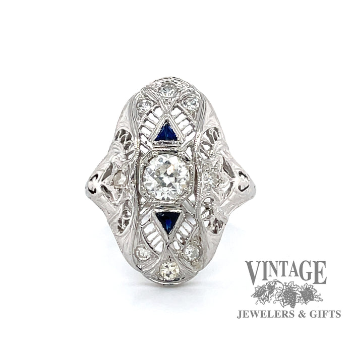 Vintage 18k white gold filigree OEC diamond and sapphire ring