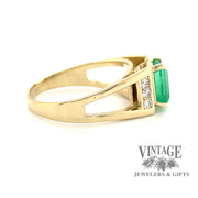 14 karat yellow gold .90ct Emerald and diamond ring, side