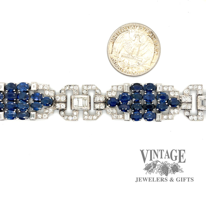 Art Deco sapphire and diamond antique platinum bracelet quarter for scale