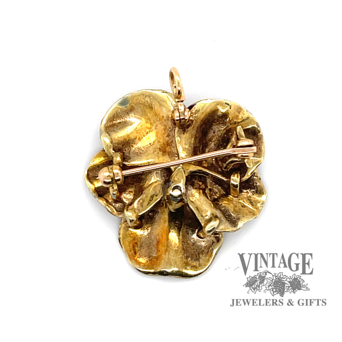 18 karat yellow gold antique enameled pansy and diamond pin/pendant, backside
