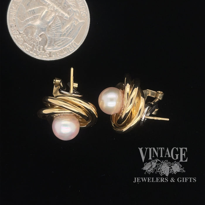 18 karat yellow gold 8mm Pearl swirl earrings, shown with quarter for size reference