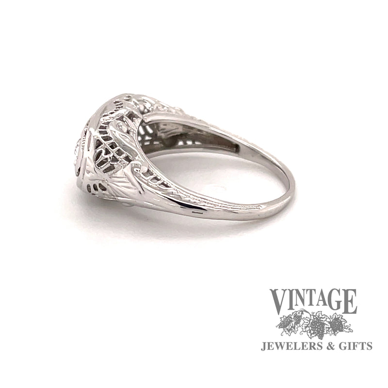Vintage filigree .45 carat total weight 3 diamond 18k white gold band, side view