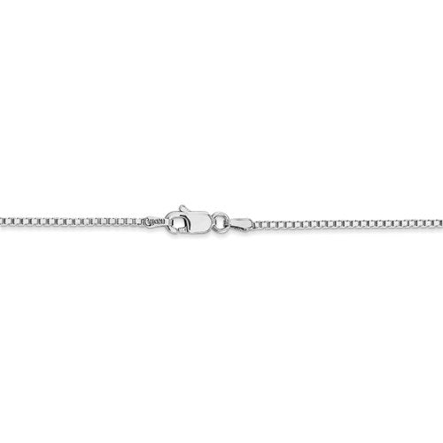 14 karat white gold 1 mm box chain with lobster clasp and rhodium finish.